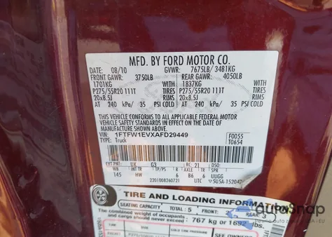 2010 Ford F-150 Fx4/Harley-Davidson/King Ranch/Lariat/Platinum/Xl/Xlt z USA, uszkodzony, nr VIN 1FTFW1EVXAFD29449